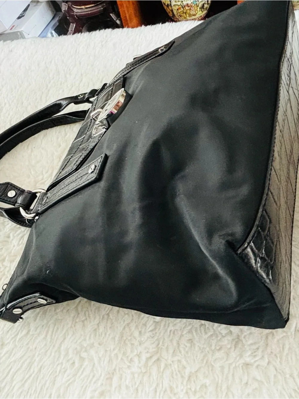 Michael Kors Black Tote with Croc-Trim Flap and Logo Lock